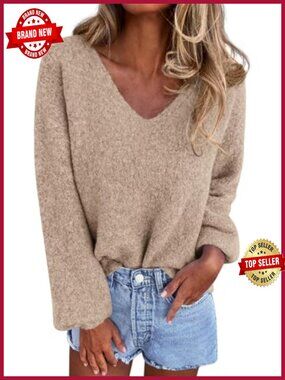 Oversized V Neck Knit Pullover Sweater Cozy Fall Winter Casual